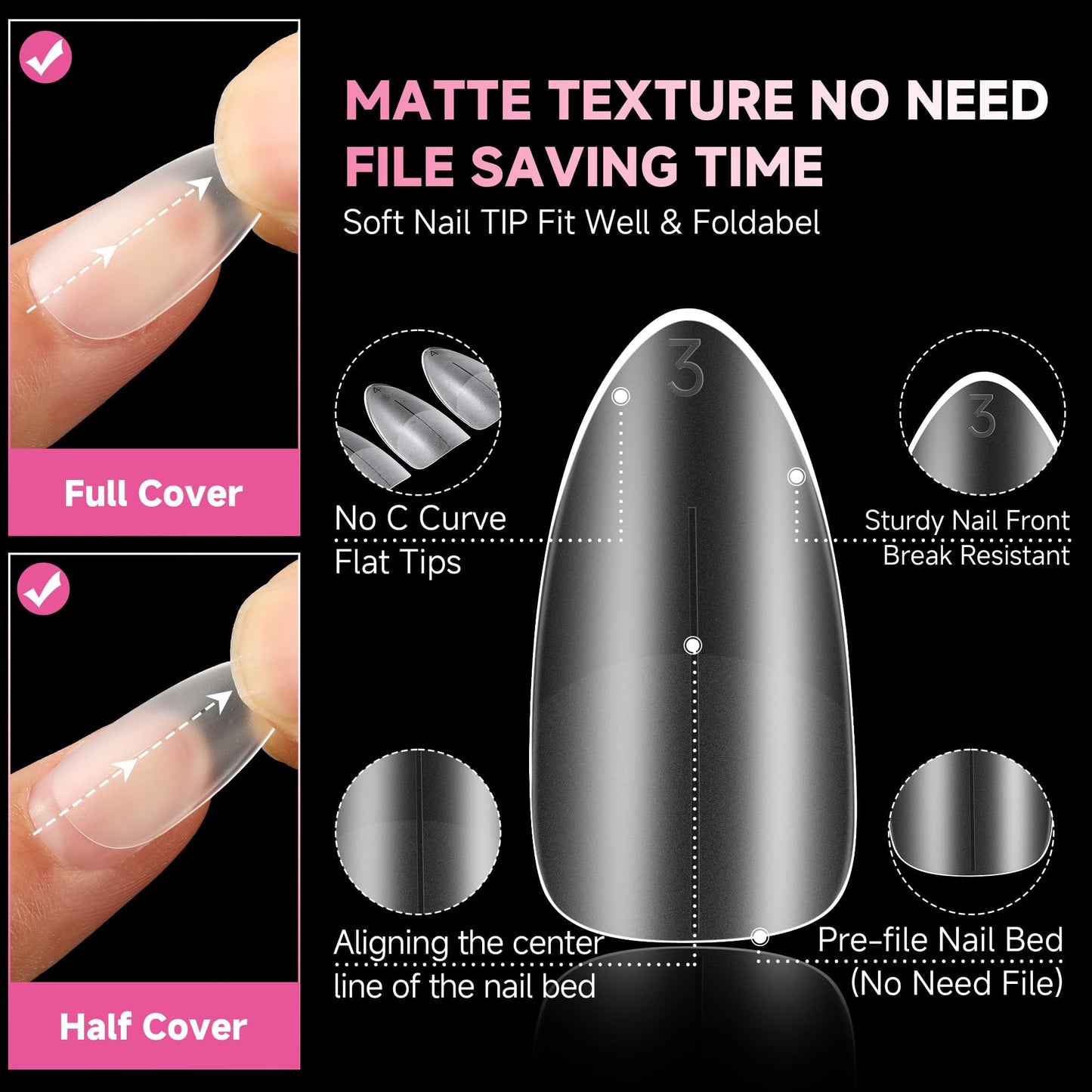 UNA GELLA Gel Nail Tips Medium Almond Shape, Pre Etched Full Cover Almond Press On Nail Tips For Extensions - At Home Matte Acrylic Fake Nails 504pcs, 15 Sizes