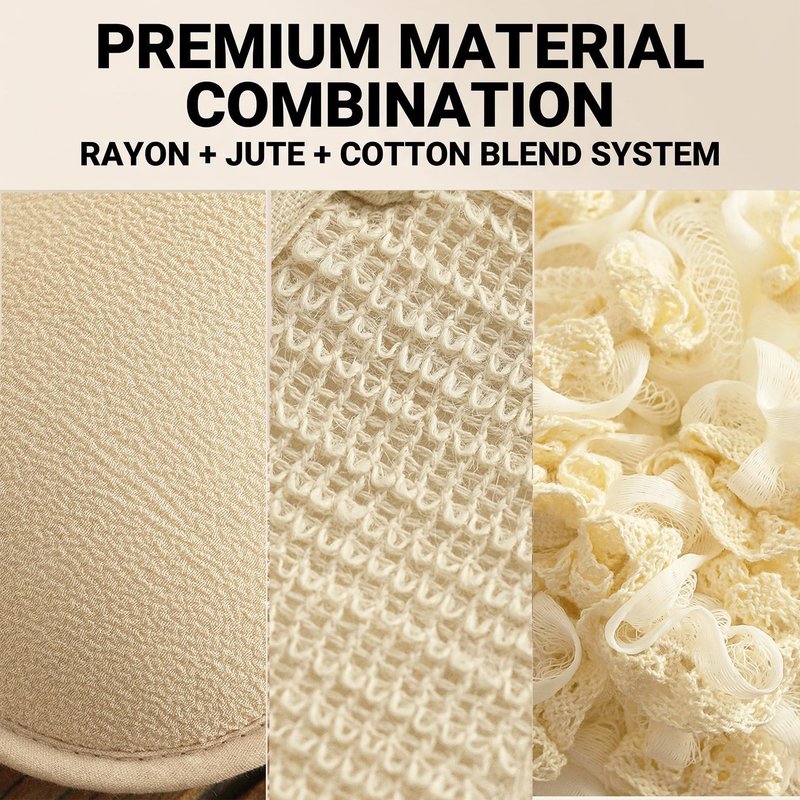 3 Pack Exfoliating Body Scrubber Set – Shower Gloves, Natural Back Scrubber Strap & Bath Pouf Sponge – Jute Cotton Blend Wash Mitt for Full Body Shower Routine & Daily Skin Care