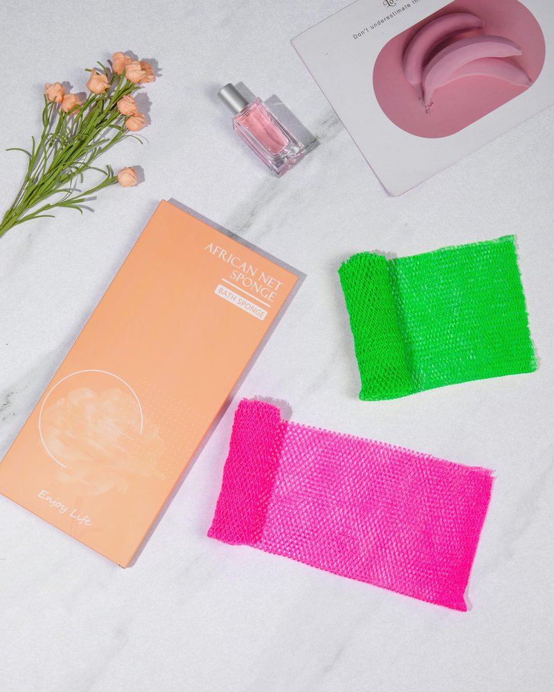 MTDLYICE African Net Sponge 2 Pack, Back Scrubber for Shower, XL 80CM Exfoliating Washcloth, African Net Sponge Authentic, Body Scrubber exfoliator Bath Accessories (Pink,LightGreen)