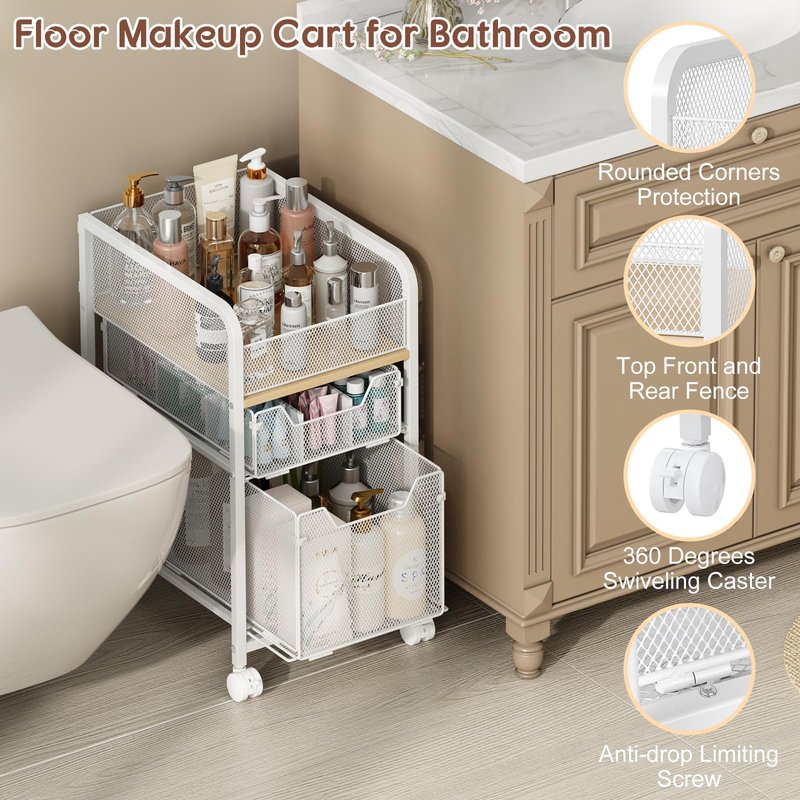 Hongtamoya Rolling Makeup Cart Organizer with 2 Drawers, Narrow Floor Skincare Organizers, Vanity Organizer Cosmetics Display Cases Holder for Skin Care Nail Polish Perfume Makeup Brush, White