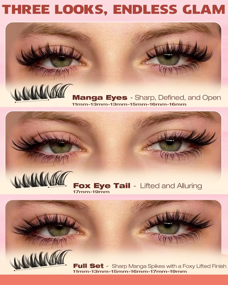 Geeneiya Manga Lash Clusters Kit, 11-19mm Fox Eye Lash Extension Kit, C Curl Left & Right Cat Eye Lashes, DIY Cluster Eyelash Extension Kit with Lash Bond and Seal Lash Tweezers for Beginners
