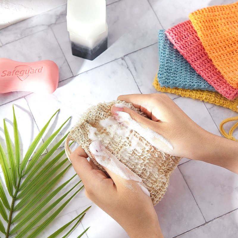 BBTO 5 Pieces Soap Saver Bag Cotton Linen Exfoliating Soap Pouch for Foaming and Drying, Shower, Scrubber(9 x 14 cm,White, Pink, Blue, Yellow, Orange)