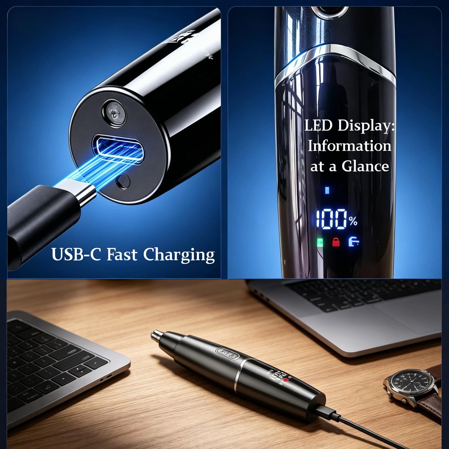 RFSCDI 5-in-1 Nose Hair Trimmer for Men, USB-C Rechargeable Painless Eyebrow & Facial Trimmer, IPX7 Waterproof Electric Grooming Kit, LED Display with 5 Blade Heads, Classic Black