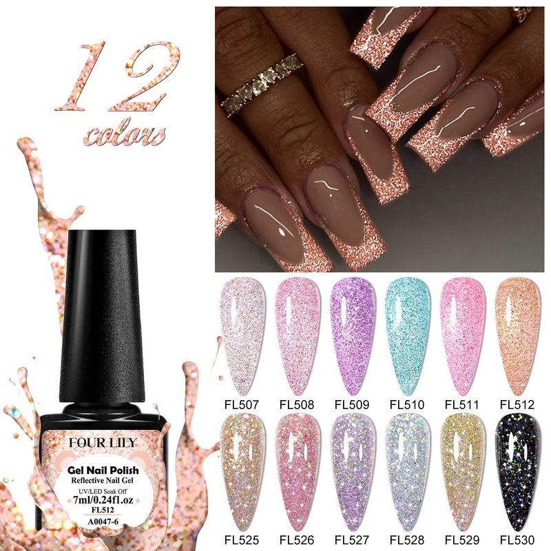 Four Lily 12 Pcs Reflective Glitter Gel Nail Polish, Shimmery Gel Polish Set Sparkly Shiny Gel Soak Off UV LED Nail Art Varnish Manicure Kit DIY at Home