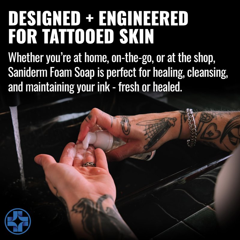 Saniderm Foaming Tattoo Soap (32oz Shop Size) – Gentle Soap for Tattooed Skin, Infused with Antimicrobial Colloidal Silver, Aloe Vera, and Nourishing Sea Buckthorn Oil