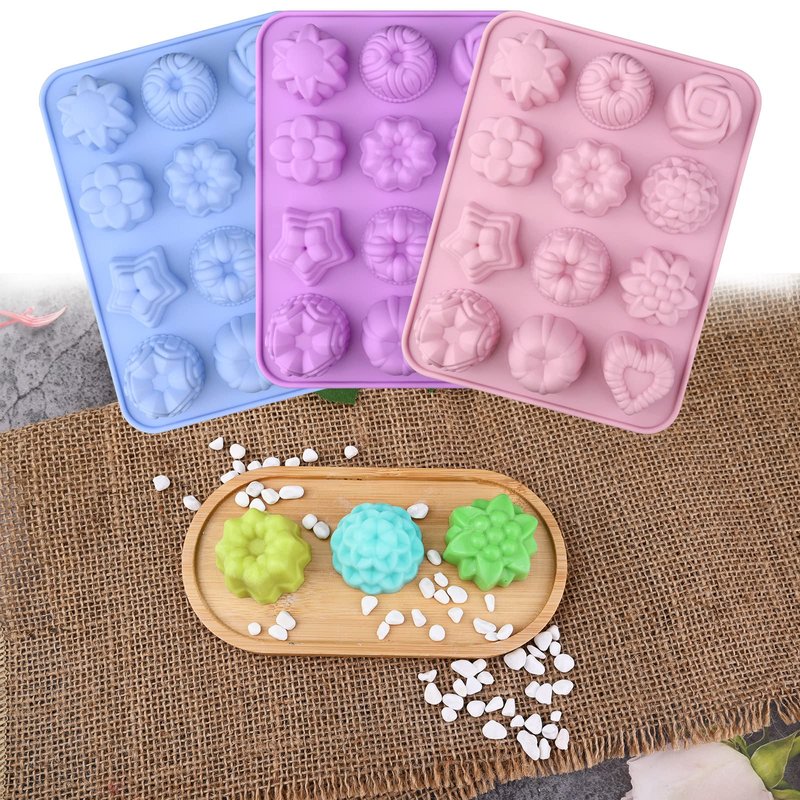 Sakolla 3 Pack Flower Soap Molds, 12 Cavities Different Shapes Silicone Molds for Soap, Lotion Bar, Bath Bombs, Chocolate, Candy