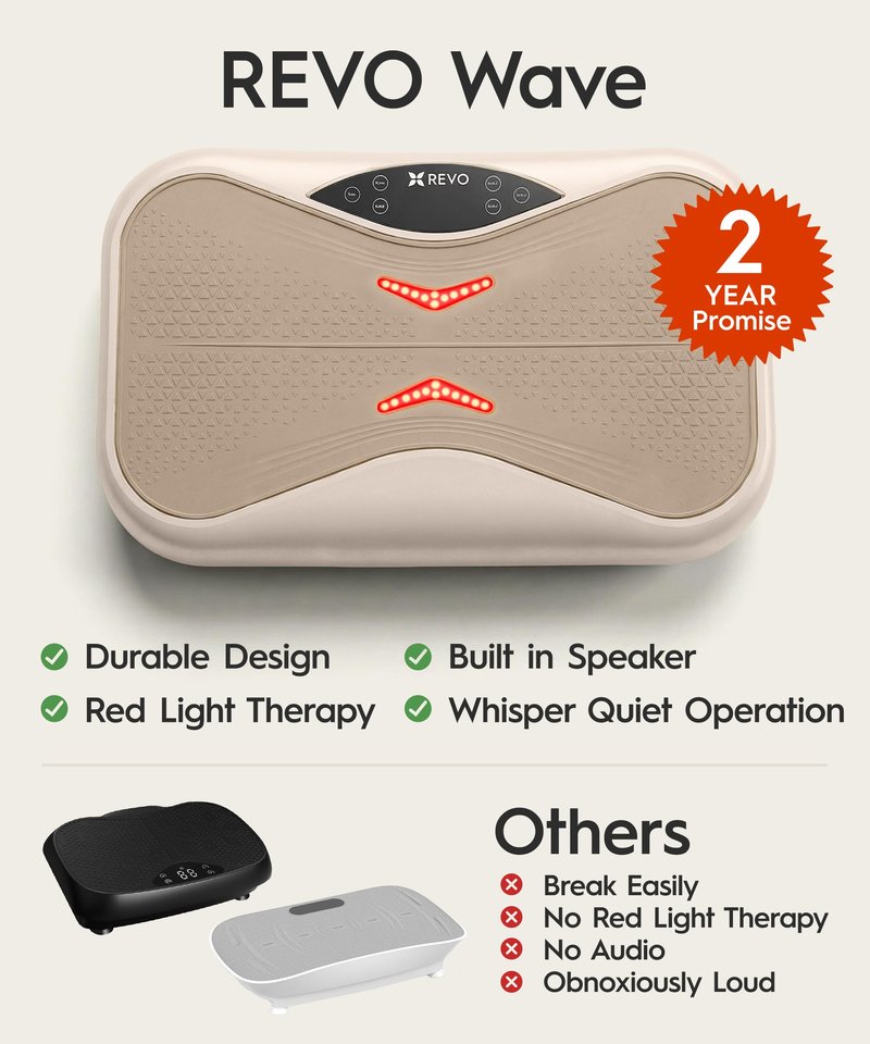 REVO Wave Board with Red Light Therapy | Vibration Plate for Lymphatic Drainage with Bluetooth Speakers, Resistance Bands, Remote | Exercise Machine for Full Body Workout Platform | 330 Lbs Capacity