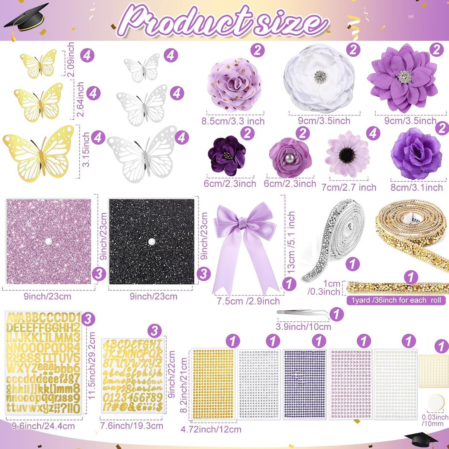 Wavwavw Graduation Cap Decoration Kit - 62 Pcs with Faux Flowers, 3D Butterflies & Rhinestones | Purple