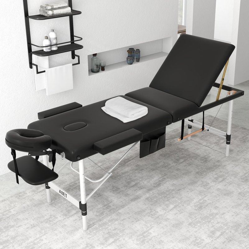 ABET Massage Table, 3 Fold Portable Professional Lash Tattoo Spa Bed, Height Adjustable 23.5" Wide Compact Facial Table with Detachable Oil Pocket Towel Rod Face Cradle Armrest, Aluminum Feet & Black