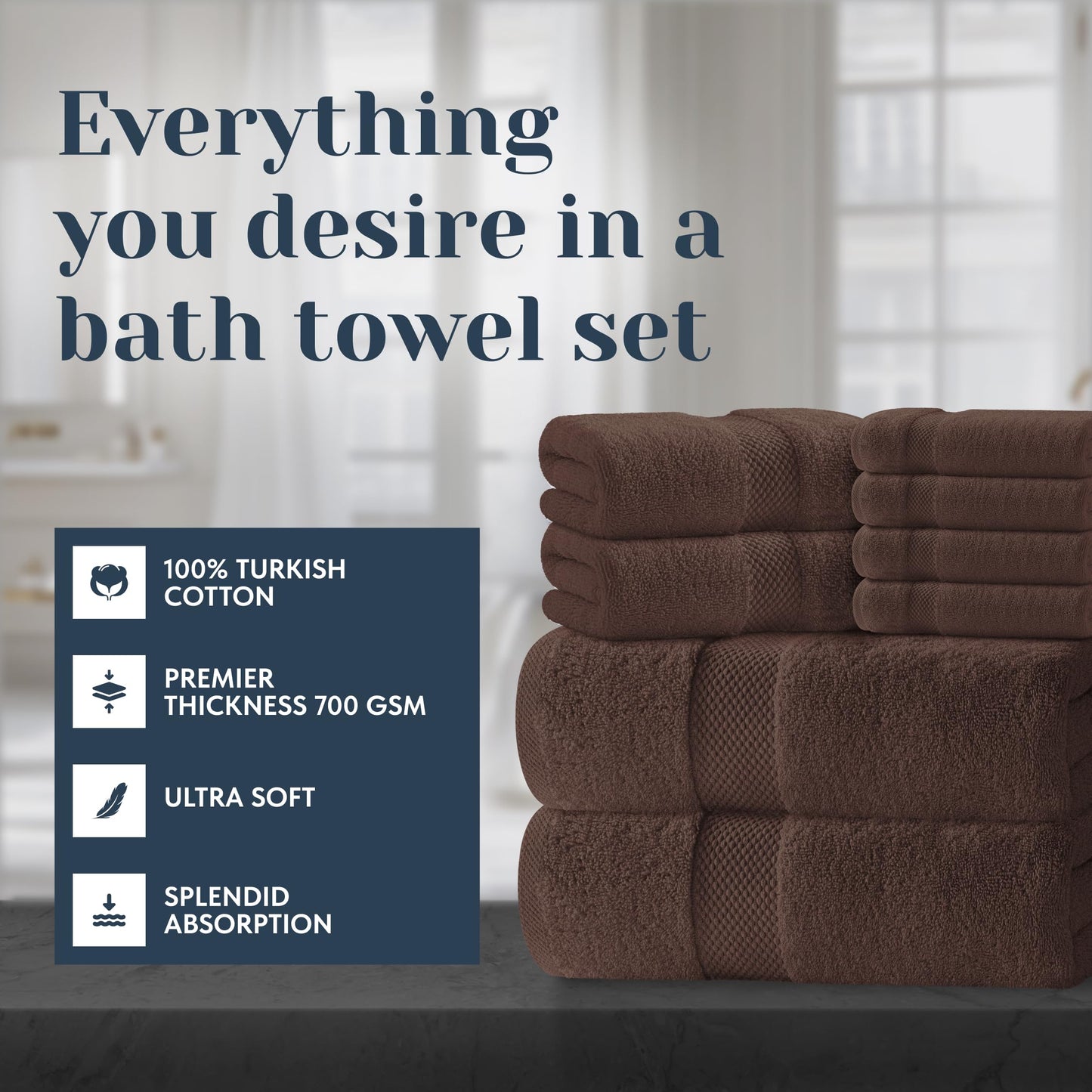 White Classic Luxury Bath Towel Set of 8 Pieces - 100% Turkish Cotton Highly Absorbent Towels for Bathroom, 2 Luxury Bath Towels 700GSM, 2 Hand Towels, 4 Washcloths, Brown