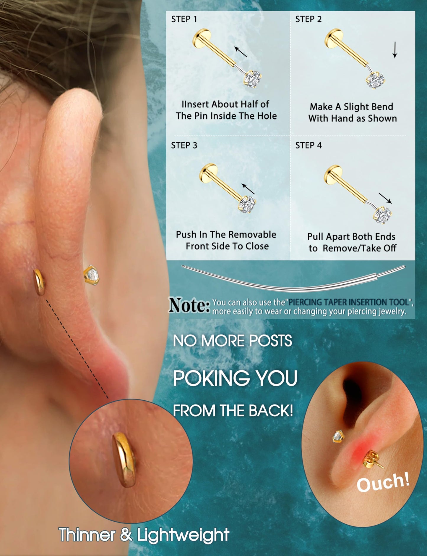 LOLIAS 14K Gold Filled Threadless Nose Studs CZ Nose Rings for Women Men 316L Surgical Steel Labret Studs Lip Rings Push in Flat Back Stud Earrings CZ Nose Nostril Tragus Helix Piercing Jewelry