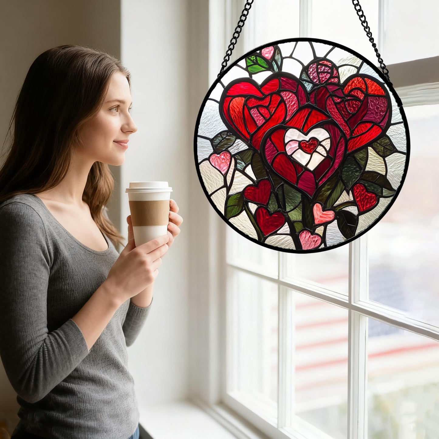 QZQCBLC Stained Glass Window Hanging Red Heart-Shaped Roses 7.8" - Flower Suncatcher Door Garden Sun Catcher Decor Birthday Anniversary Valentines Day Gifts for Woman Wife Men Her Him Lovers