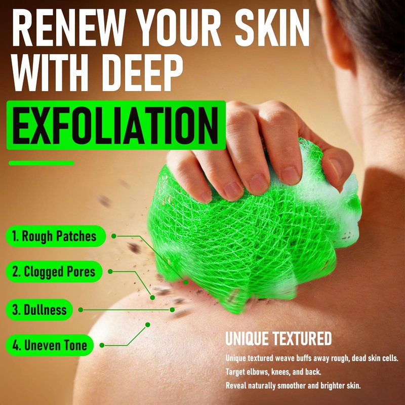 RIUOTA Authentic African Net Sponge, 2 Pack Exfoliating Body Scrubber & Back Scrubber, Gentle Deep Cleansing for Shower, for Men & Women (Black & Green)