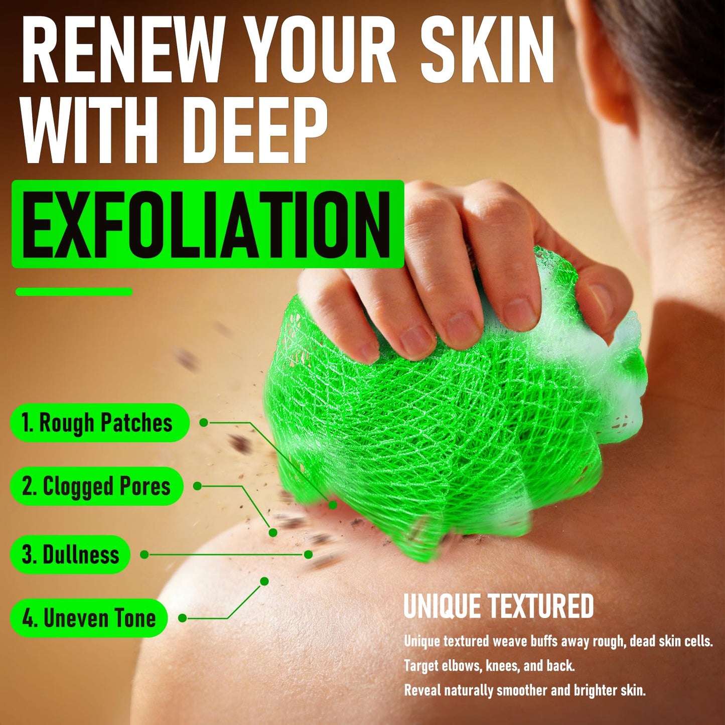 RIUOTA Authentic African Net Sponge, 2 Pack Exfoliating Body Scrubber & Back Scrubber, Gentle Deep Cleansing for Shower, for Men & Women (Black & Green)