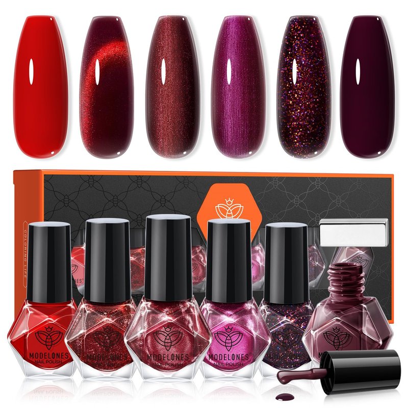 modelones Nail Polish Set 6 Colors, Dark Red Valentines Cat Eye Burgundy Glitter Quick Dry Mini Nail Lacquer Kit Magnetic Maroon Purple Cherry DIY Home Nail Art Manicure Gifts for Women Girls