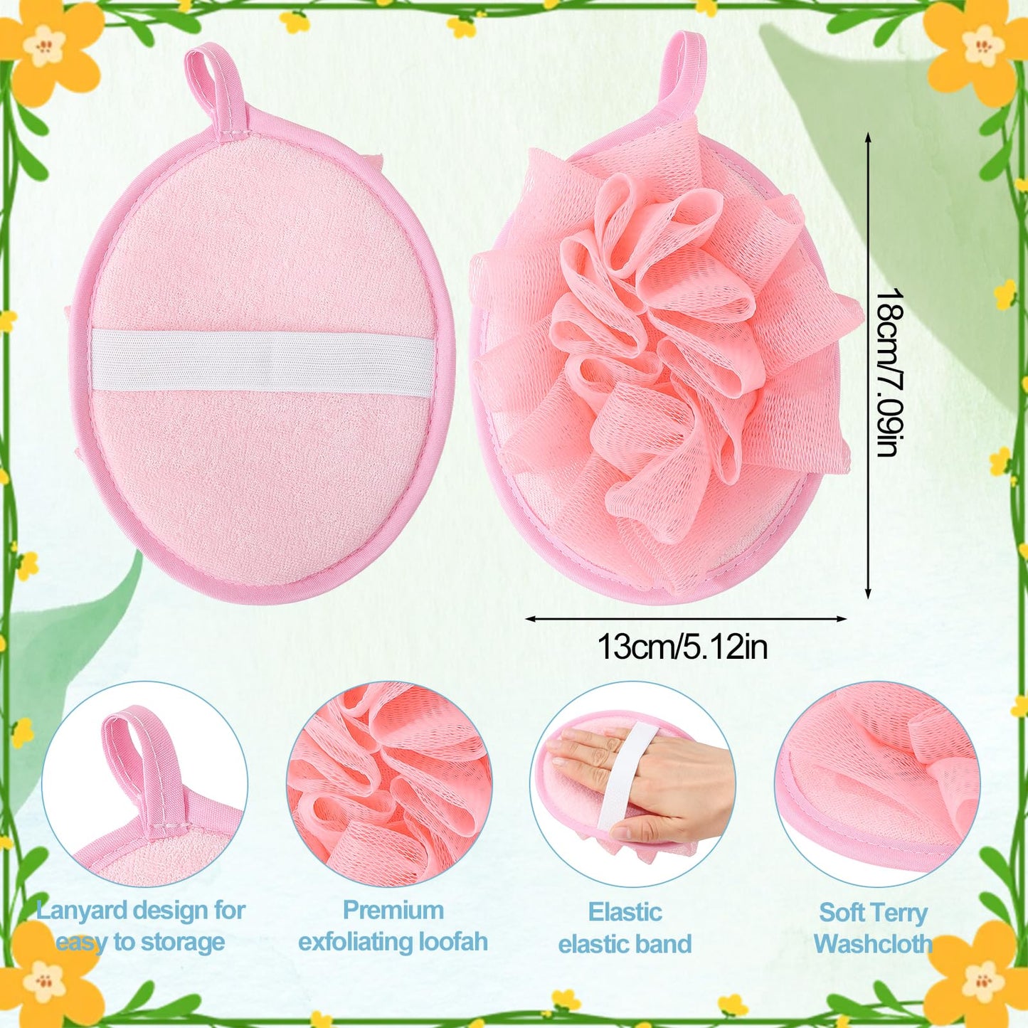 ZhouBoat 4 PCS Exfoliating Bath Sponges Soft Loofah Shower Scrubber with Elastic Hand Strap for Women Men Gentle Skin Cleansing Body Wash Towel Pouf Purple, Pink, Green, Coffee