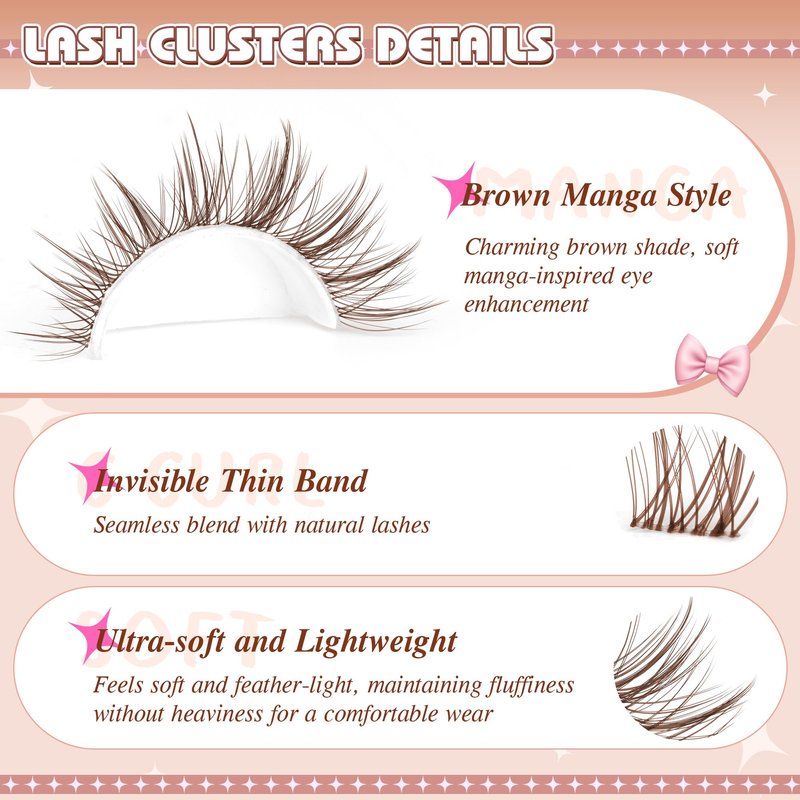 PVDKIW Brown Lash Clusters Wipsy Manga Lashes Clusters Natural Eyelash Clusters Dark Brown Lashes C Curl Cluster Eyelash Extensions Invisible Band False Eyelashes 10-16mm Cluster Lashes 144Pcs