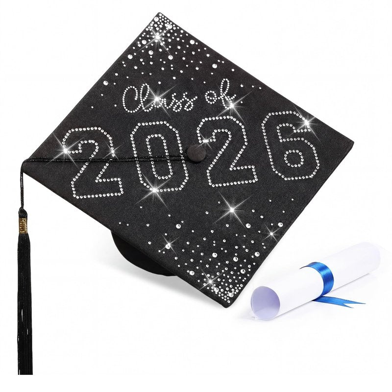 Jamntower Rhinestones Graduation Cap Class of 2026 Crystal Grad Cap for Men Women Girls High School Bachelor Photo Props(Silver)