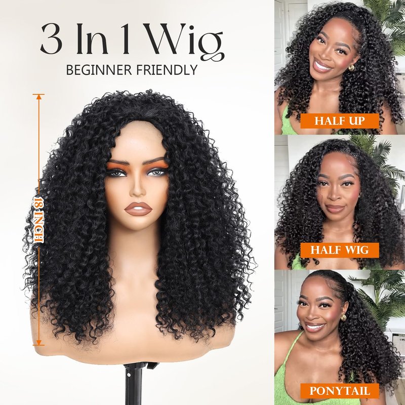 HUA Kinky Curly Half Wig for Black Women 180% Density 3 In 1 Seamless Flip Over Burmese Curly Half Wigs Protein Synthetic Hair Boast A Human Hair Like Touch 18 Inch Wear and Go Glueless Wigs Daily Use