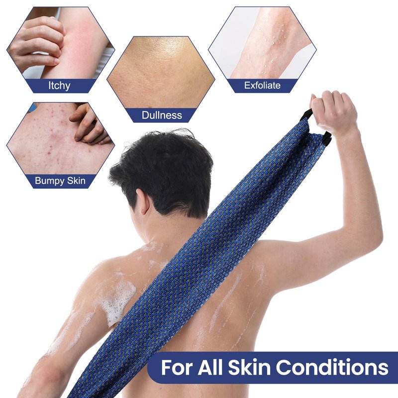 Japanese-style exfoliating bath towel and towel set (2 pieces) - loofah, durable and quick-drying, extra-long design, skin-friendly material, mesh design, suitable for all skin types - 1 blue, 1 black