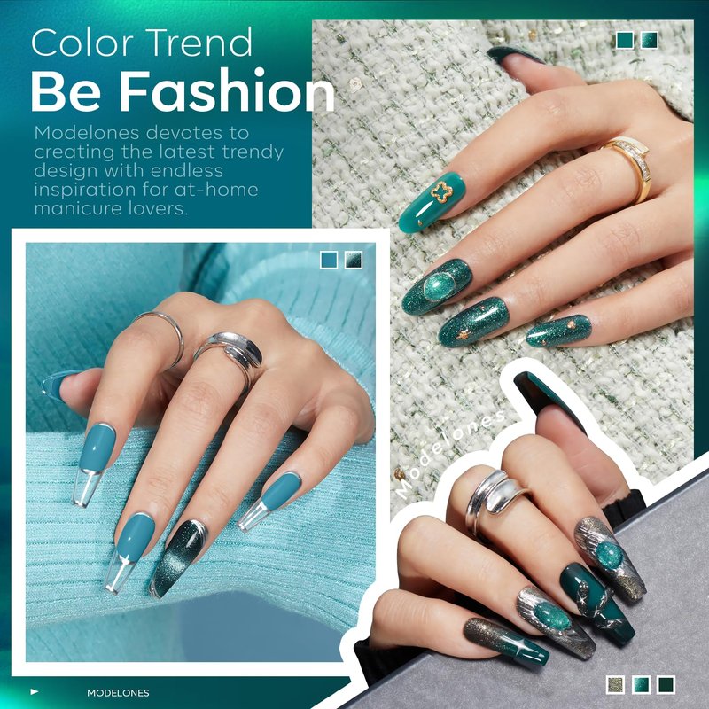 modelones Gel Nail Polish Set, 6 Colors 2026 Spring Summer Blue Green Cat Eye 9D Gel Polish Dark Green Sparkle Reflective Glitter Nail Polish with Magnet Soak Off LED Nail Art Kit DIY