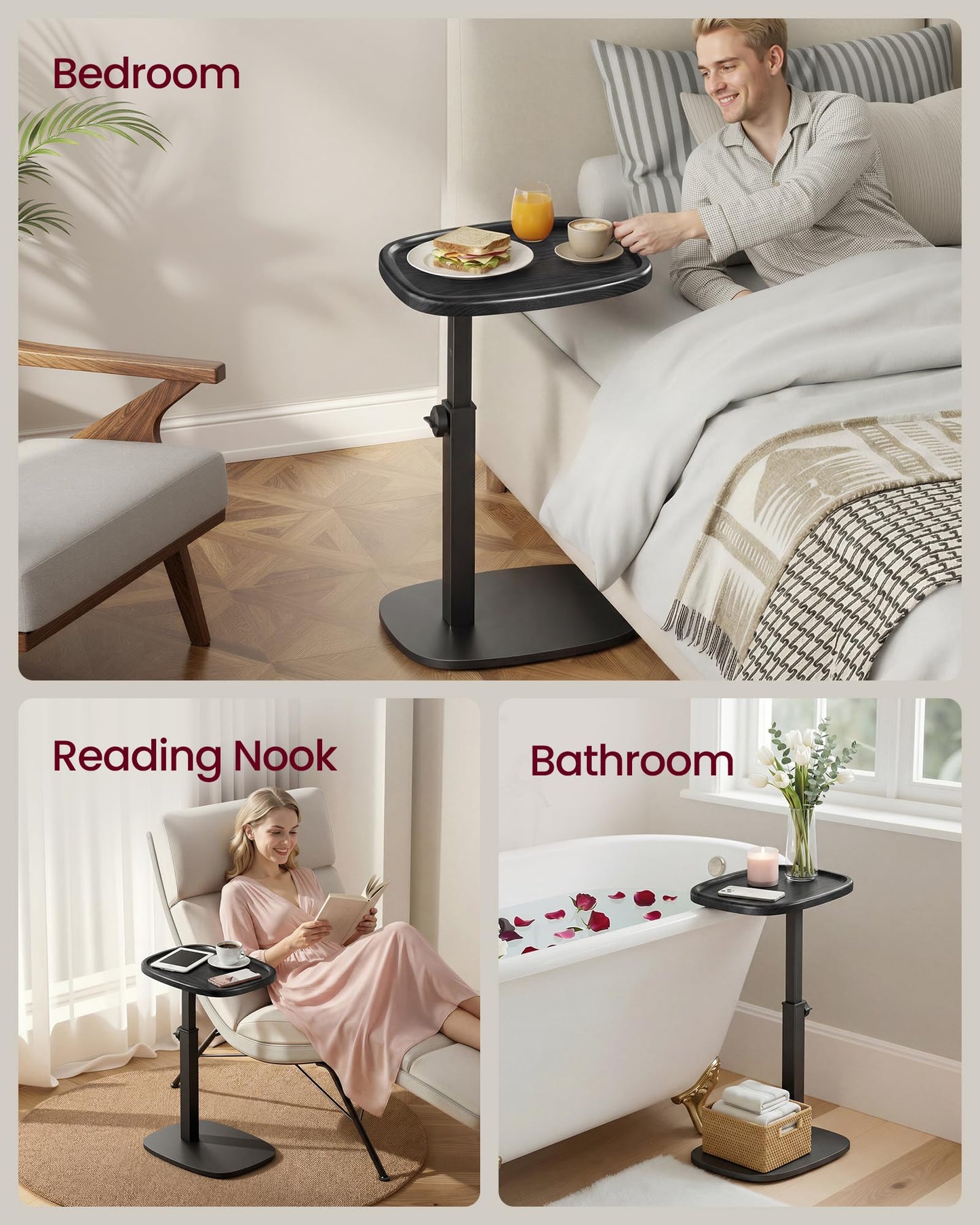 VASAGLE C Side Table Adjustable Height, Couch Sofa Table, End Table, TV Tray for Small Spaces, 11.8 x 15.7 x 27.2 Inches, for Living Room, Bedroom, Ink Black ULET363B101