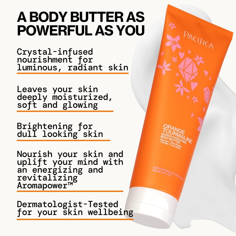 Pacifica Orange Tourmaline Body Butter – Super Hydrating Moisturizer for Dry Skin, Ultra-Rich Cream with Shea Butter & Vitamin E, Clean Beauty, Vegan, Cruelty-Free, Citrus Scent, 6 oz