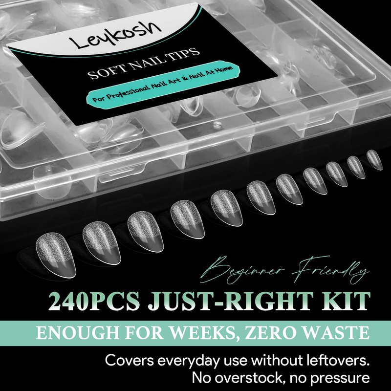 Leykosh Short Almond Nail Tips, 15 Sizes 240 PCS Clear Acrylic Soft Fake Nails Gel Nail Tips, Full Cover Pre-Shaped Matte Long Lasting Press on Nails Extension for DIY Beginners & Salon Manicure