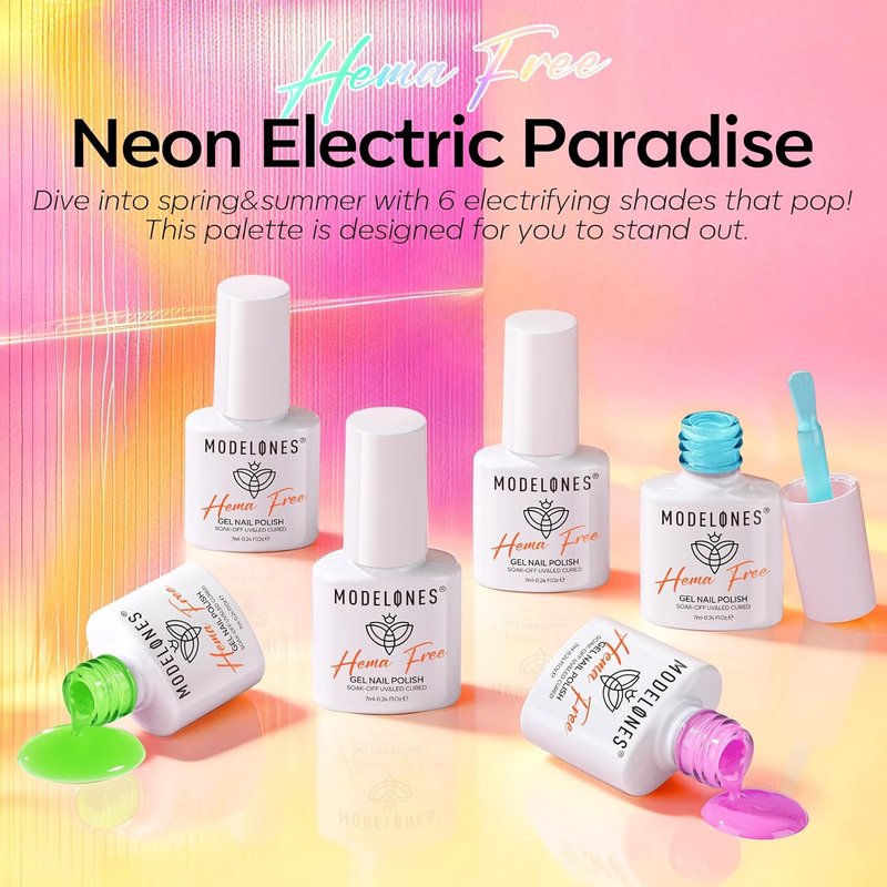 Modelones Neon Gel Nail Polish Set - Hema-Free 6 Vibrant Colors for Summer Nail Art | LED DIY Kit