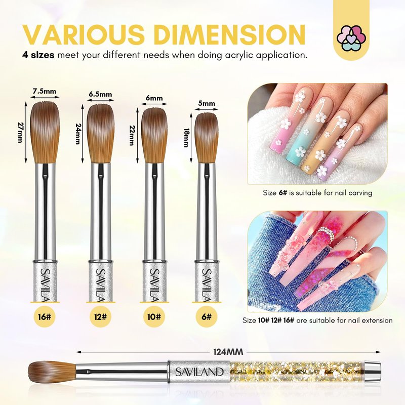 Saviland Professional Acrylic Brush Set: Powder Brushes for Application, Size 6 10 12 16, Art Extension, 3D Carving With Starter Supplies, Tweezers, Table Mat