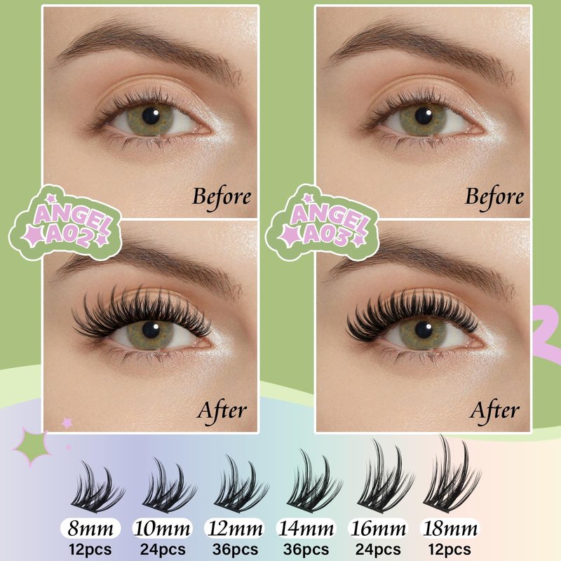 KEYYOU Angel Lash Clusters Kit, 8-18mm Mix D Curl Wispy Natural Eyelash Clusters with Bond, Seal and Tweezers for DIY Eyelash Extension at Home(Lash Kit-Angel A02)