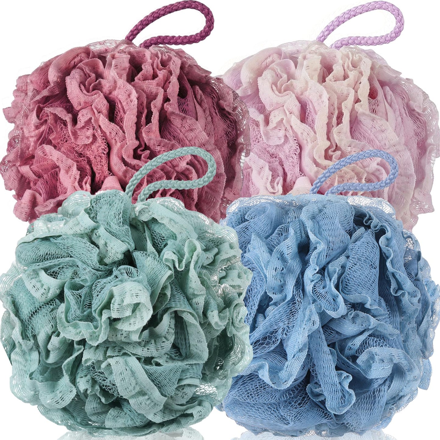 Sunnyray 4 Pack Loofah Bath Sponge Lace Mesh Set Large 60g Shower Poufs Body Scrubber Bath Loofah Ball Body Wash Sponge Exfoliating Scrubber Luffa Puff for Women Men Cleanse Skin Accessories (Classic)