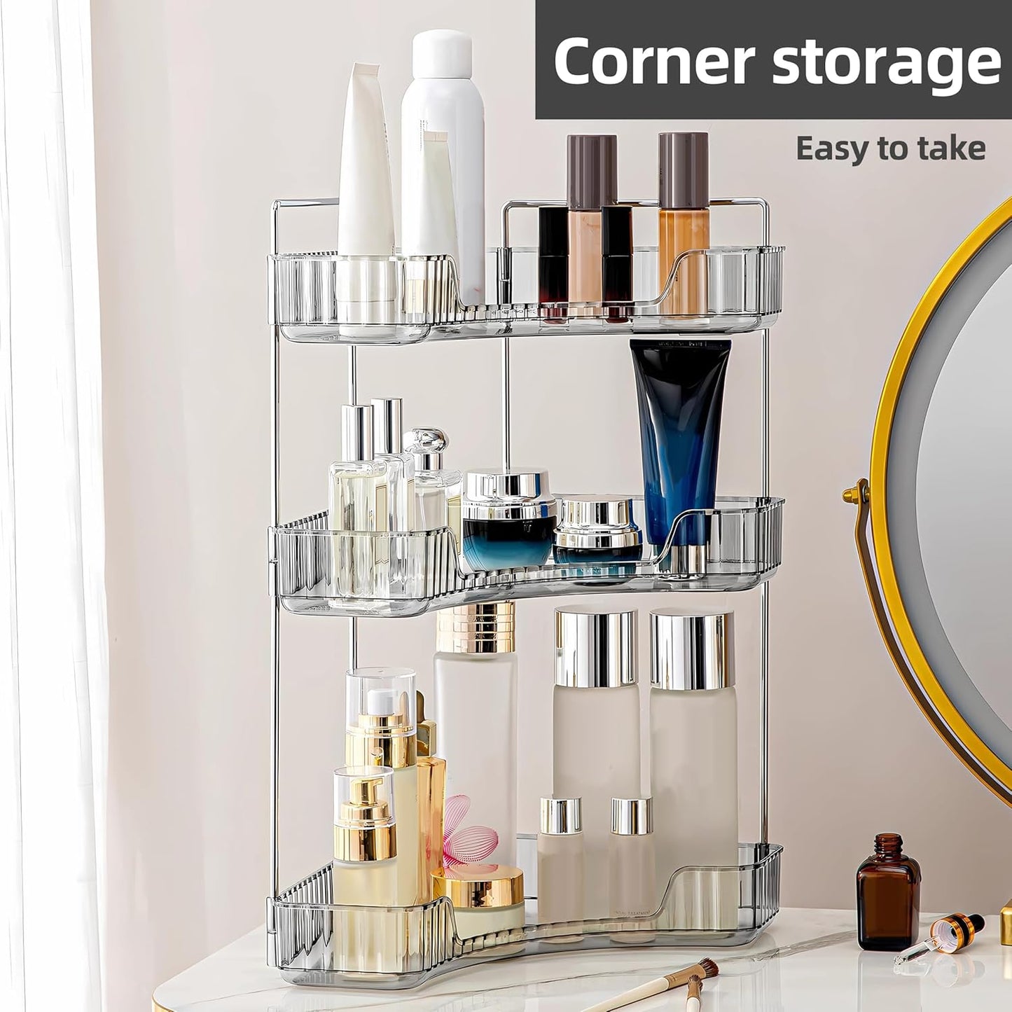 YCIA&DONE Corner Bathroom Counter Organizer - 3-Tier Makeup & Skincare Tray | Smoky Gray Storage Solution