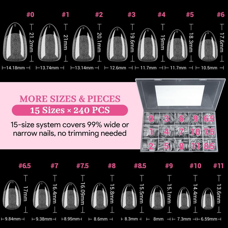 Qiek Short Almond Nail Tips - 15 Sizes 240 PCS Half Matte Full Cover Clear Fake Nails Pre-shaped Press On False Nail Tips Acrylic Soft Nail Gel Tips No C Curve Extension Manicure Home DIY Gelly Tips