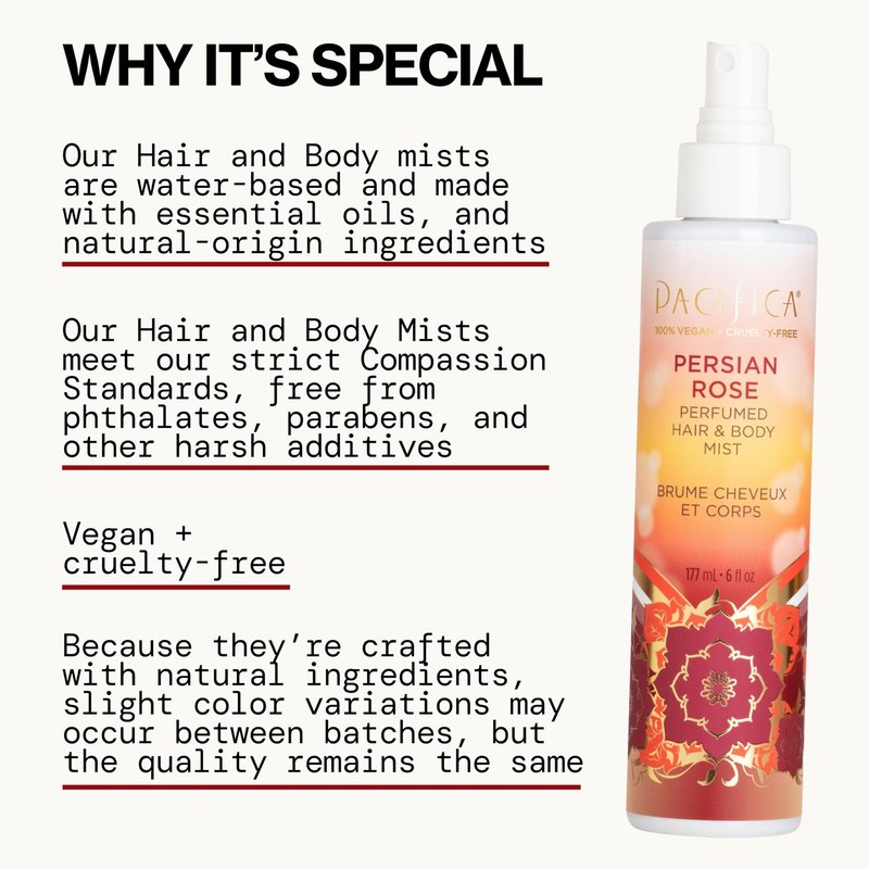 Pacifica Persian Rose Perfumed Hair & Body Mist, Alcohol-Free Spray Designed For Head-To-Toe Wear, Vegan & Cruelty-Free, 6 Fl Oz