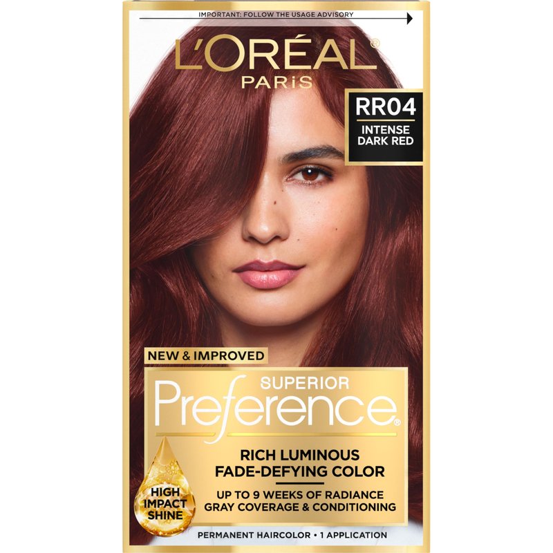 L'Oreal Paris Superior Preference Luminous Fade-Defying Permanent Hair Color, Hair Dye For Up to 9 Weeks of Radiance, Intense Dark Red RR-04, 1 Hair Dye Kit