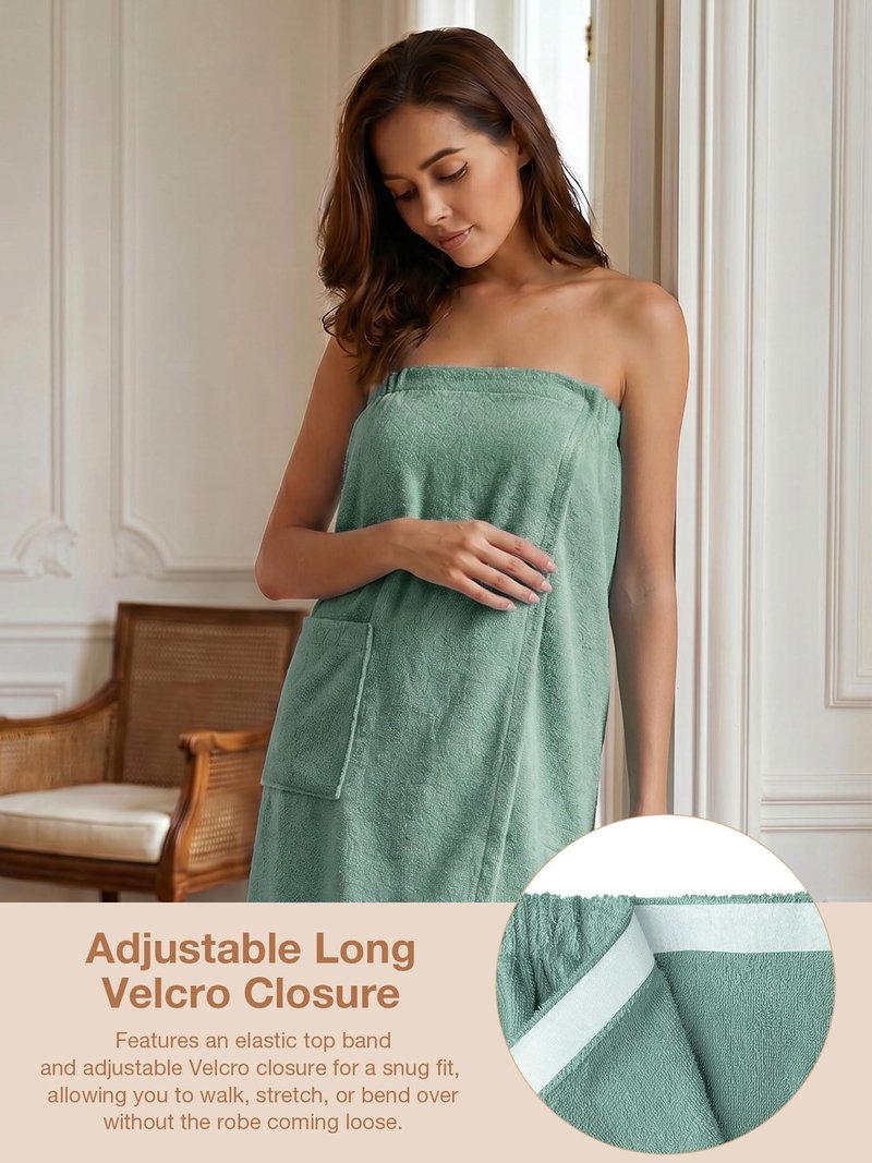 SIORO Green Mist Bath Towel Wrap Robe for Women After Shower, Cotton Terry Cloth Wrap Around Spa Towel Robe with Velcro, Adjustable Closure Robes for Women Travel Pool Gym, Large