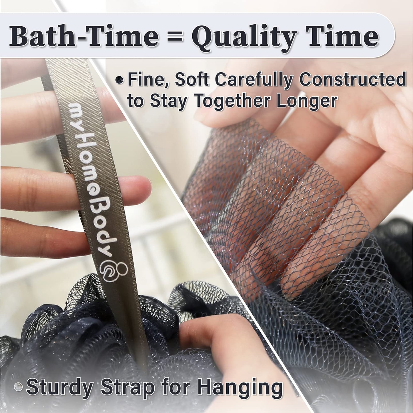 myHomeBody 60g Loofah Sponge, Body Scrubber, Bath Sponge, Loofah for Women, Men, Exfoliating Sponge Shower Pouf with Activated Charcoal – 3 Pack, 2 Midnight Blue + 1 Fog Gray