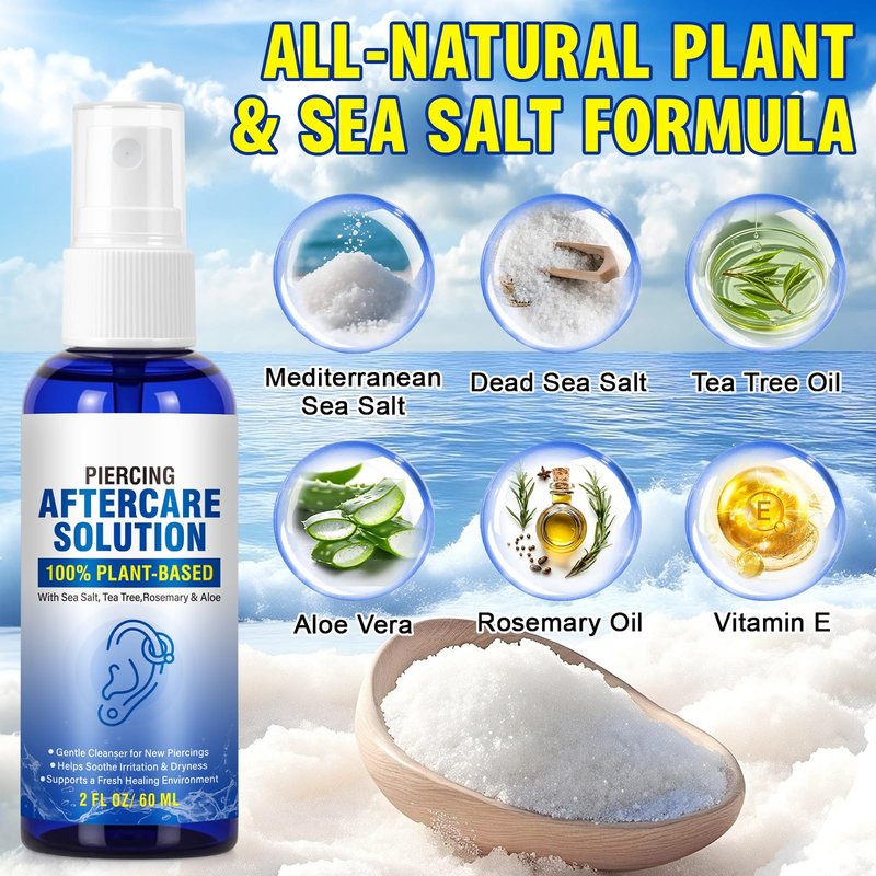 Piercing Aftercare Spray, Sea Salt Spray for Ear, Nose, Belly Button, Cartilage Piercings, with Sea Salt, Aloe Vera & Rosemary, Oral & Body Piercing Cleaner, Aftercare Solution for New Piercings