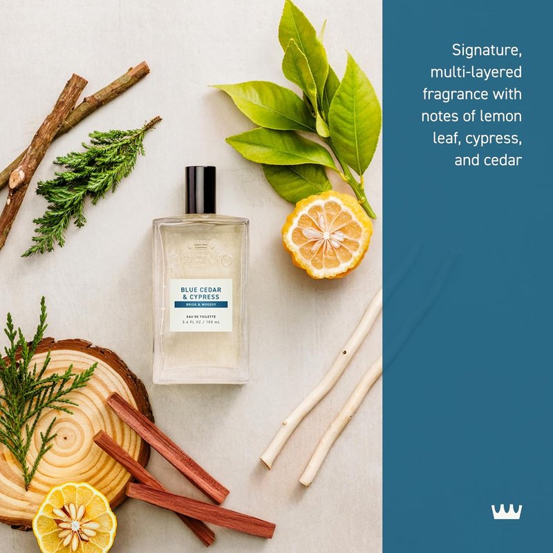 Cremo Cologne For Men - Blue Cedar & Cypress Mens Cologne Spray, A Woodsy Scent with Notes of Lemon Leaf, Cypress and Cedar, Multi-Layered Signature Men's Fragrances, 3.4 Fl Oz