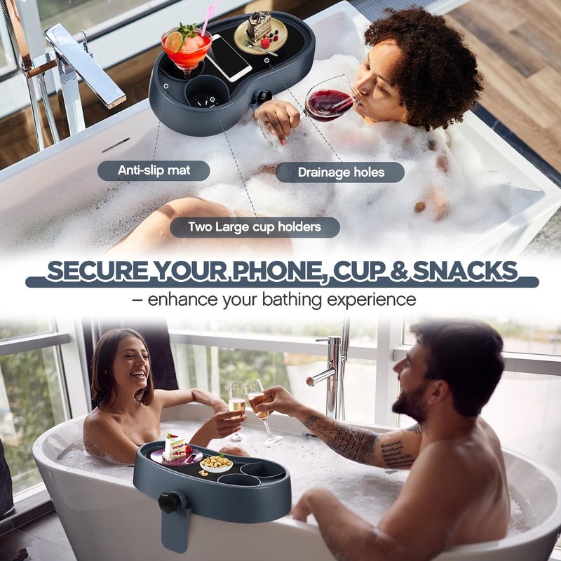Geelin 2 Pcs Hot Tub Table Tray, Adjustable Aboveground Bathtub Tray with 2 Cup Holder, Between 2'' to 7.5'' Nonslip Hot Tub Accessories Shelf Drinks Snacks Phone Holder for Spa Bathtub (Dark Gray)