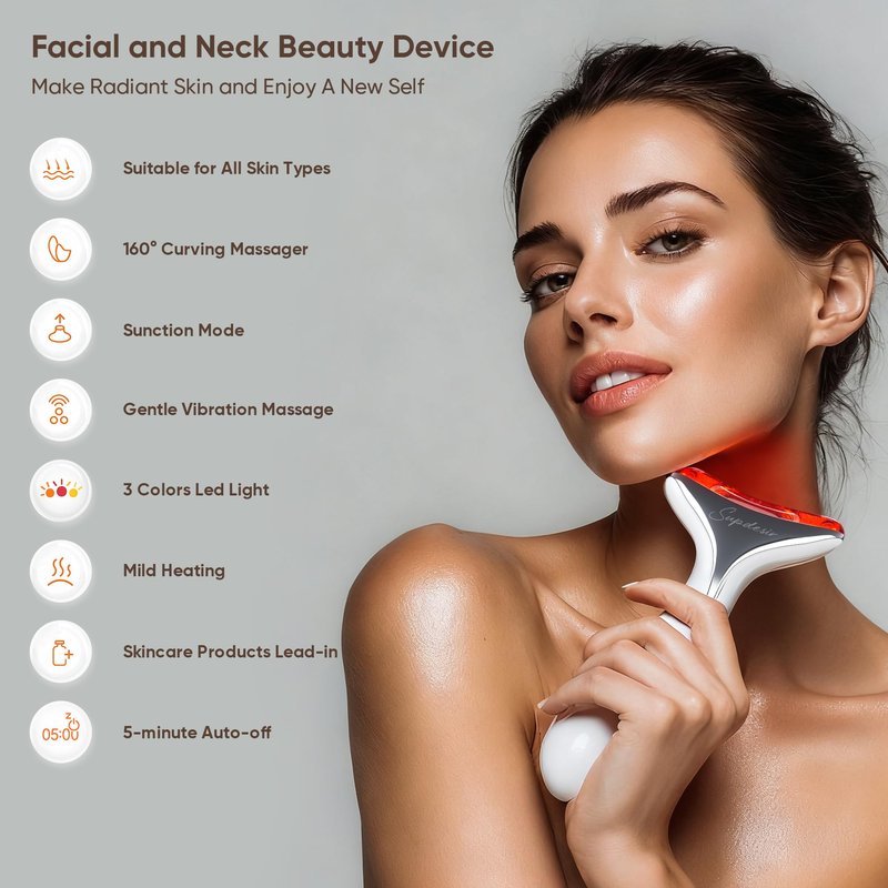 3-in-1 for Aurora Red Light for Face & Neck Beauty Massager, with Suction, Vibration, Heat, 3 Light Therapies for Skin Glow, Face Lift, Neck Firm, White
