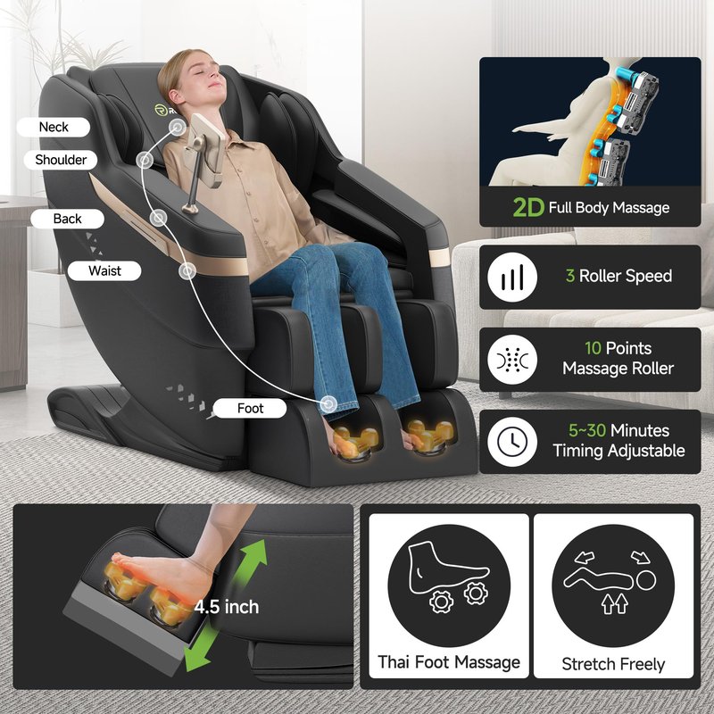 Real Relax 2025 Full Body Massage Chair, Zero Gravity Shiatsu Massage Chair Recliner, Foot Massage, Bluetooth, Large Control Screen (Black and Gold)