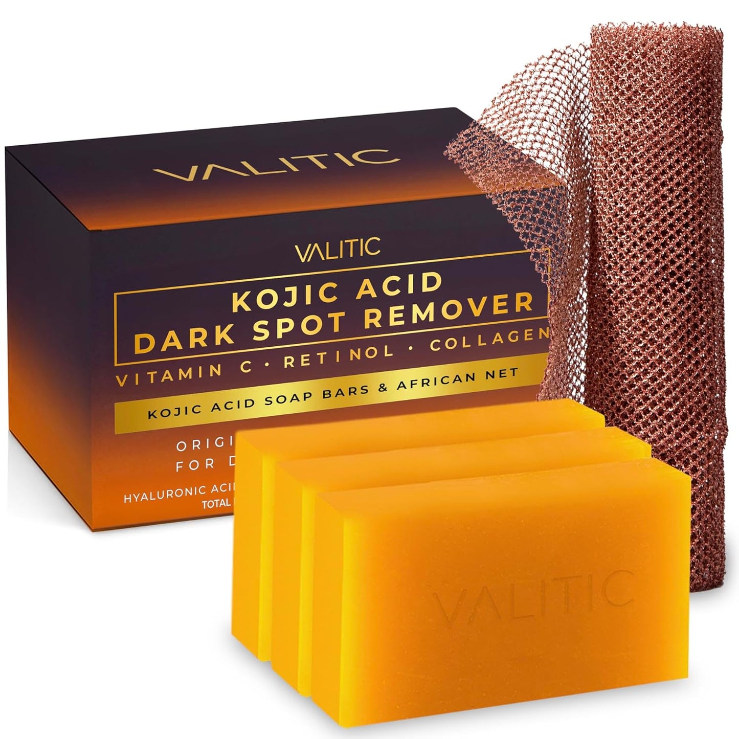 VALITIC Kojic Acid Dark Spot Remover Soap - Turmeric & Vitamin C Infused | 3 Pack with African Net