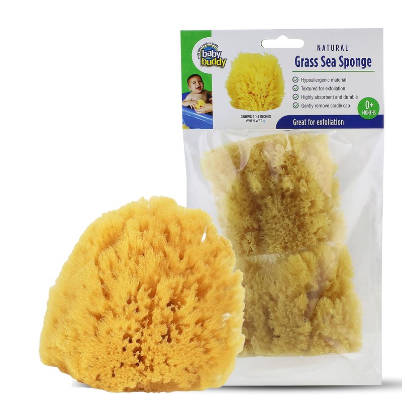 Baby Buddy Natural Baby Bath Sponge 4in Soft Grass Sea Sponge, Soft on Baby's Tender Skin, Biodegradable, Hypoallergenic, Absorbent Natural Sea Sponge, 2 Pack, Yellow