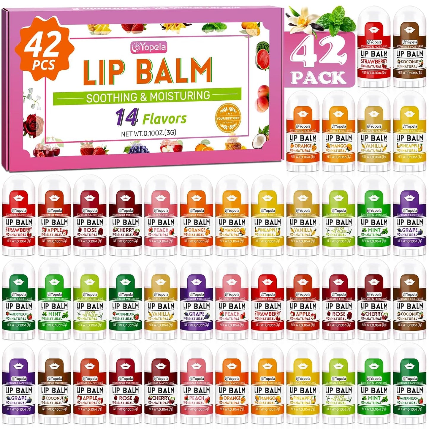 Yopela Mini Lip Balm - 42 Pack of Natural Lip Balms with Vitamin E & Coconut Oil | Moisturizing Gift Set for All Ages