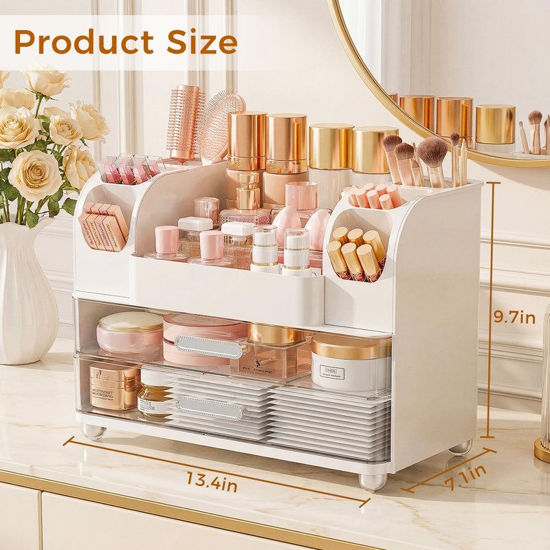 Makeup Organizer for Vanity with Drawers, Large Countertop Makeup Organizer - Skincare Storage, Brush Holder, Perfume & Cosmetics Display Case (White)