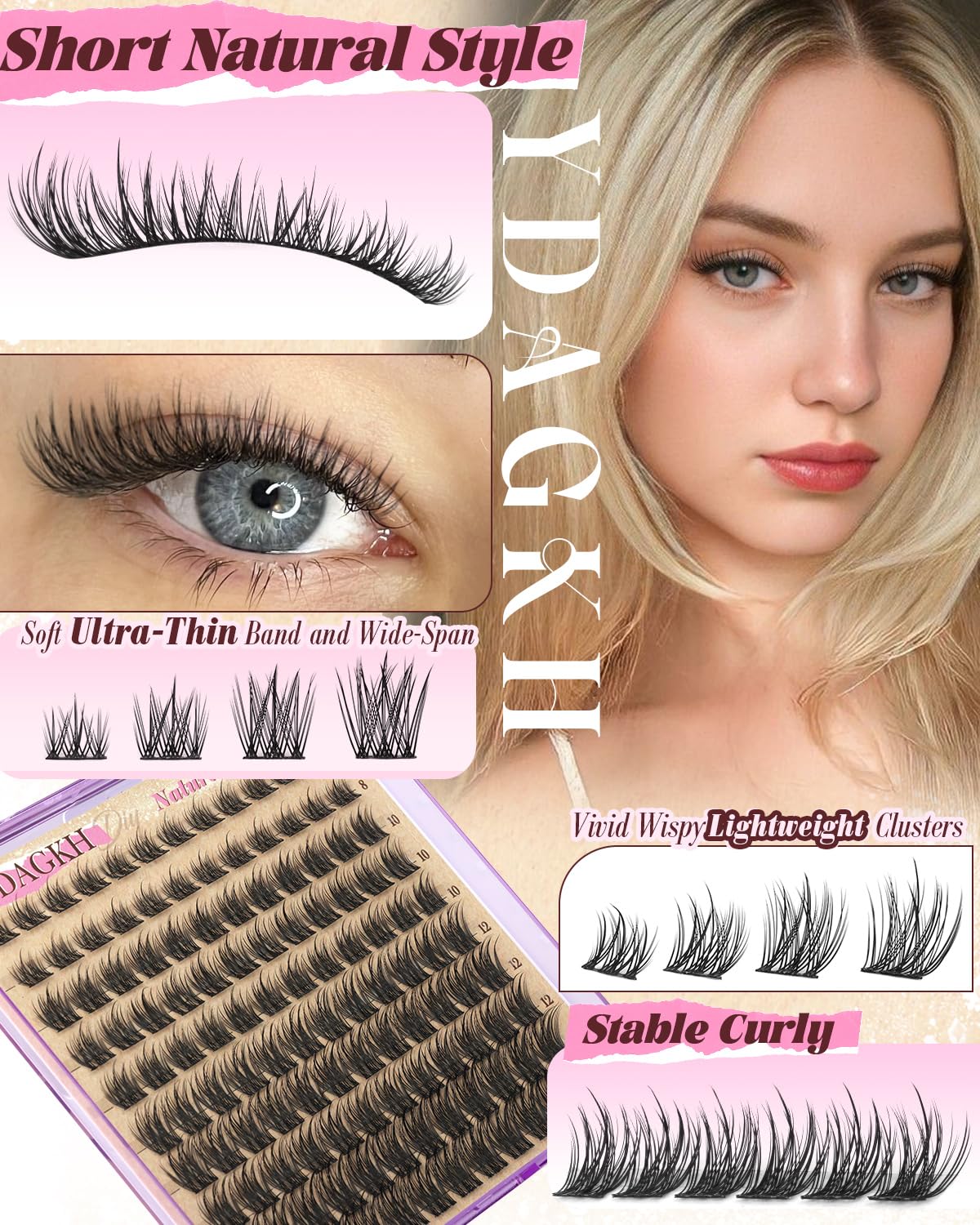 Skiennix Natural Lash Clusters - Short Spiky Eyelash Extensions | 8-14mm Wispy C Curly Mink Silk