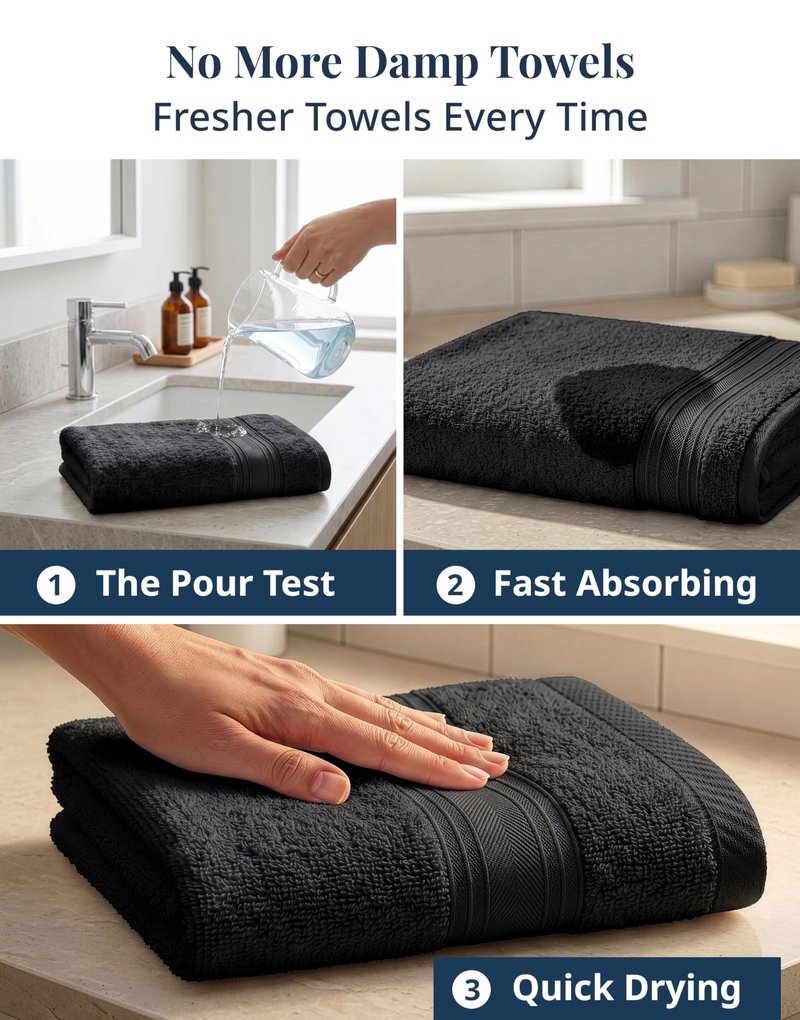 Black Hand Towels for Bathroom - 6 Pack (16"x28"), 100% Ringspun Cotton Hand & Face Towel - Soft, Prevent Fraying, Fade and Shrink Resistant - Daily Use Gym Towels for Men & Family Bathroom Hand Towel