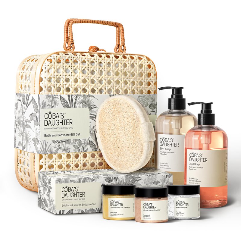 COBA’S DAUGHTER Luxury Spa Gift Set - Bath & Body Set with Rattan Case, Body Wash, Bubble Bath & Scrub – Premium Holiday, Birthday, housewarming, bridal shower & Self-Care Gift